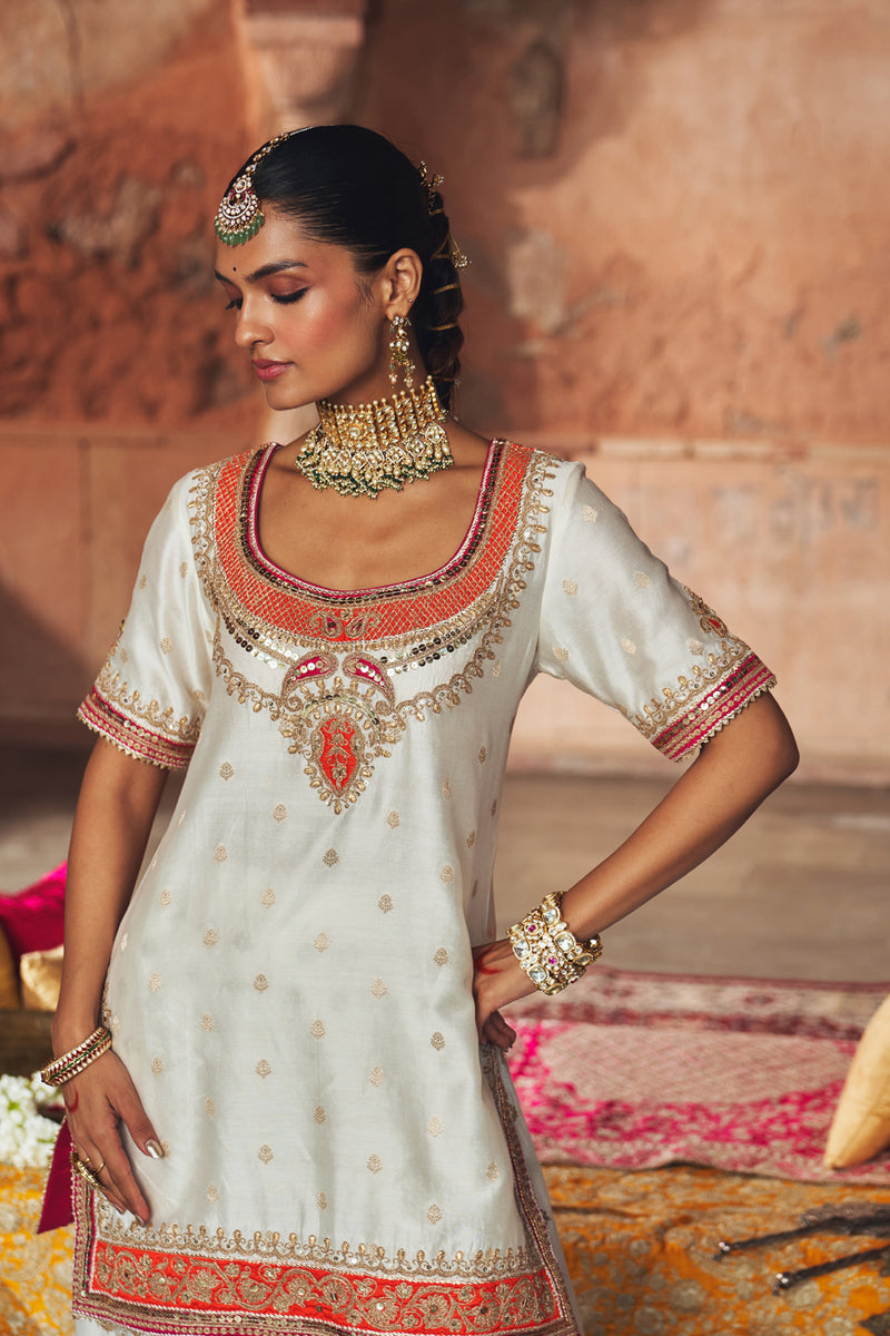 SAMREEN - DAISY IVORY SHORT KURTA WITH SHARARA AND DUPATTA silk chanderi kurta/kurta set by SHEETAL BATRA in ivory for women Worldwide