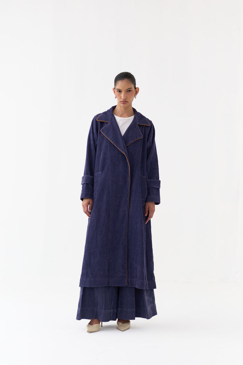 Emb. Patch Corduroy Trench Co-Ord (Set Of 2)-Violet corduroy co-ord set by THREE in violet for women Worldwide