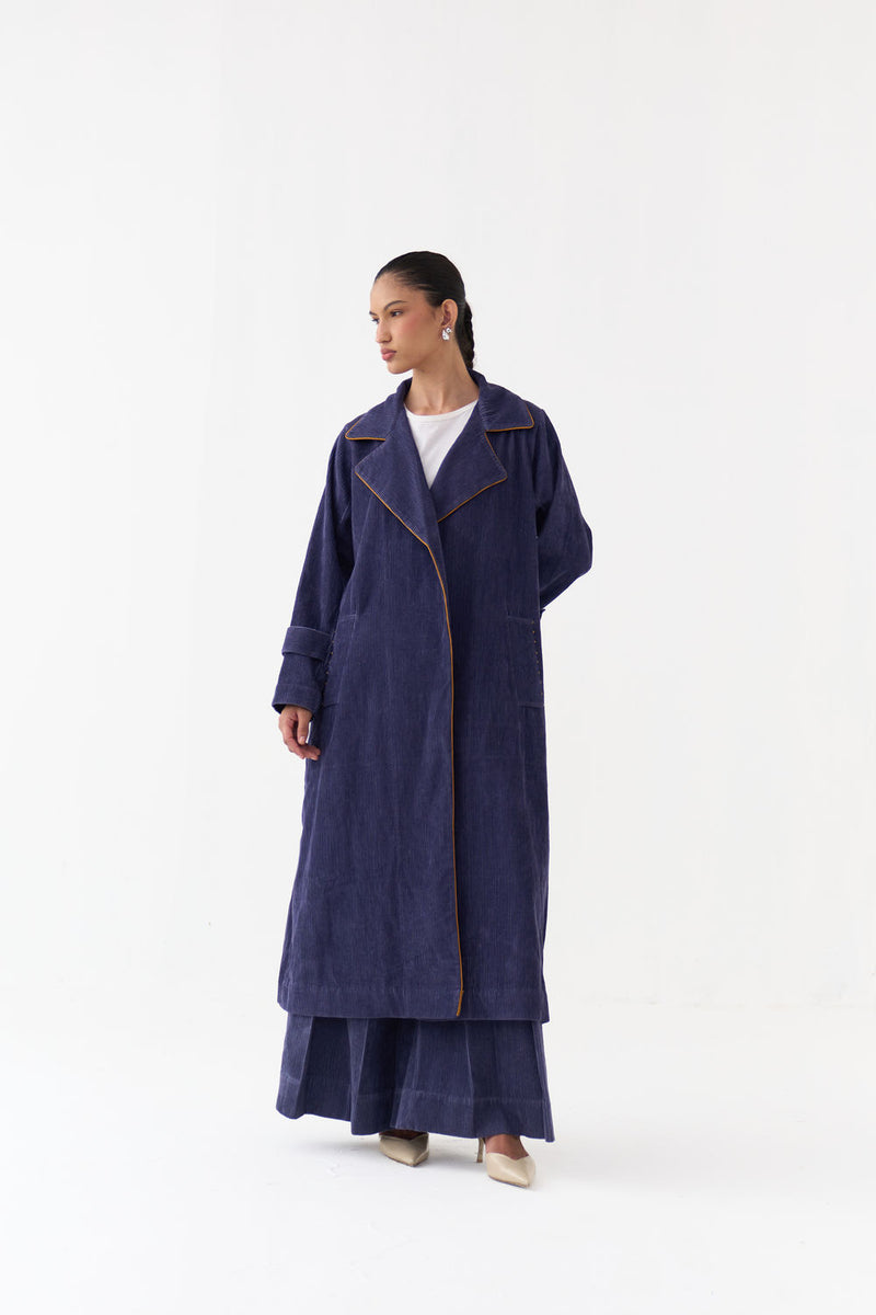 Emb. Patch Corduroy Trench Co-Ord (Set Of 2)-Violet corduroy co-ord set by THREE in violet for women Worldwide