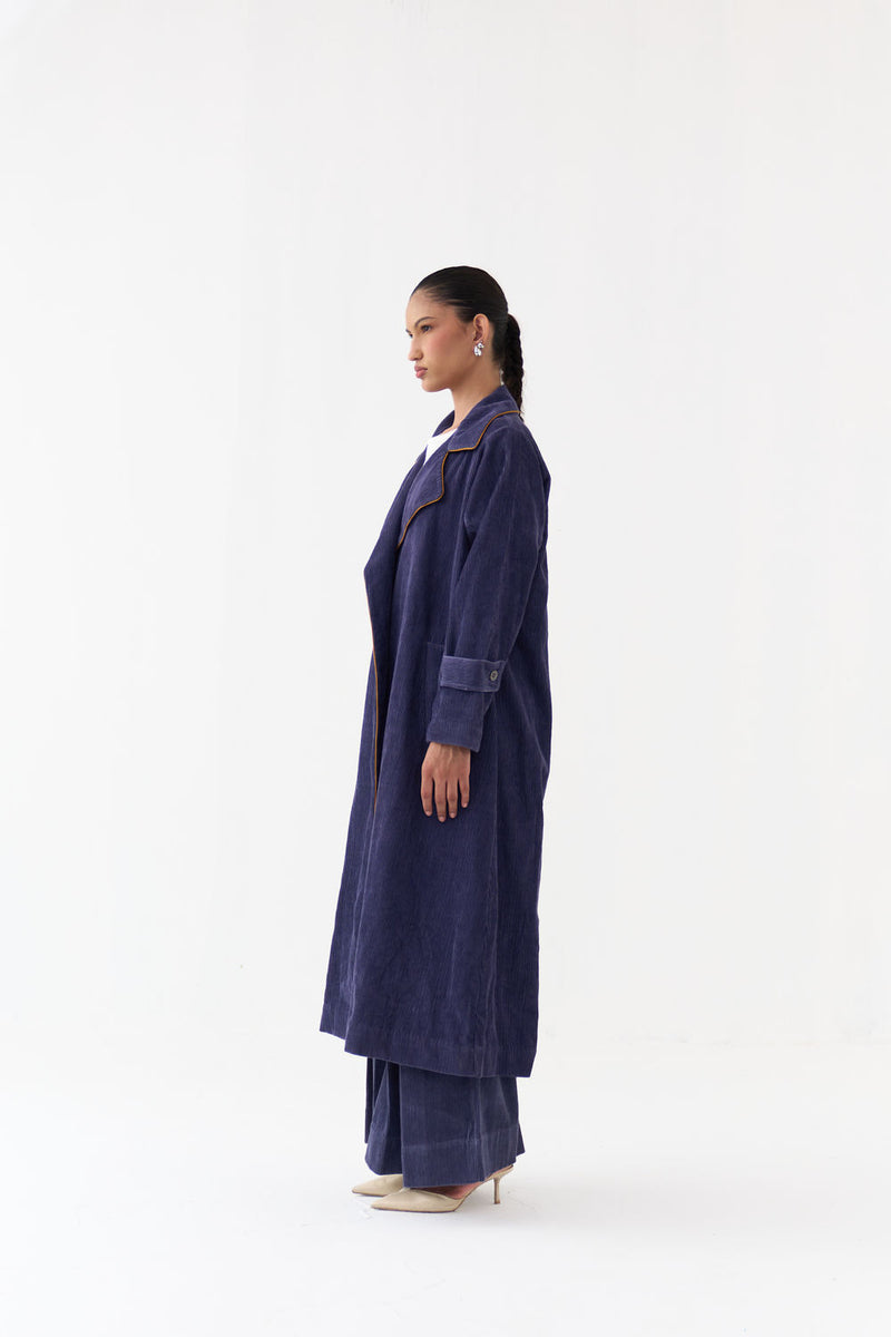 Emb. Patch Corduroy Trench Co-Ord (Set Of 2)-Violet corduroy co-ord set by THREE in violet for women Worldwide
