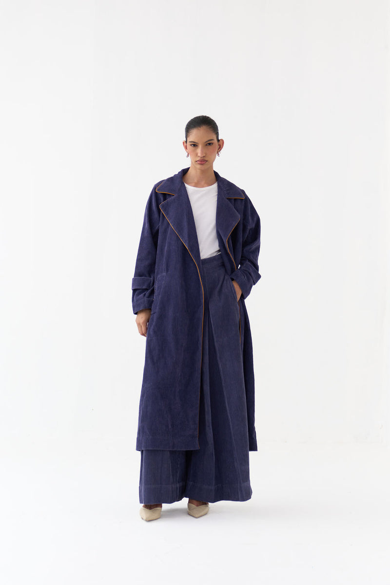 Emb. Patch Corduroy Trench Co-Ord (Set Of 2)-Violet corduroy co-ord set by THREE in violet for women Worldwide