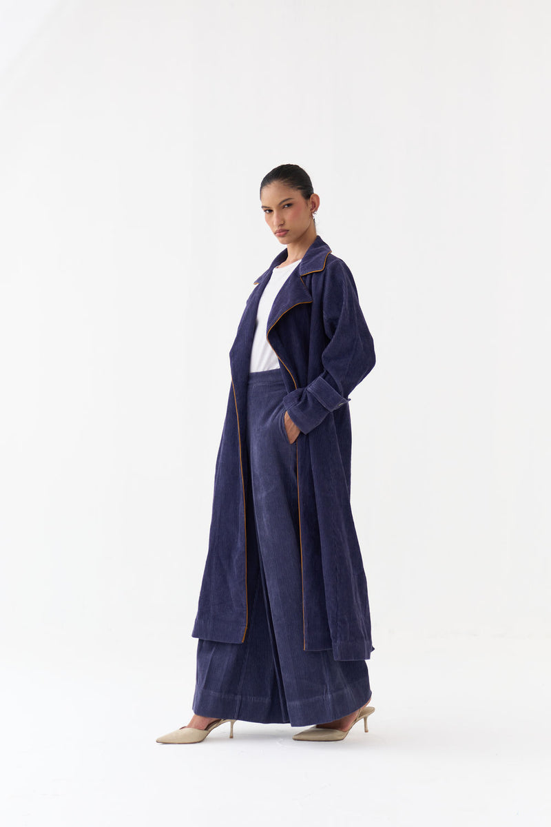 Emb. Patch Corduroy Trench Co-Ord (Set Of 2)-Violet corduroy co-ord set by THREE in violet for women Worldwide