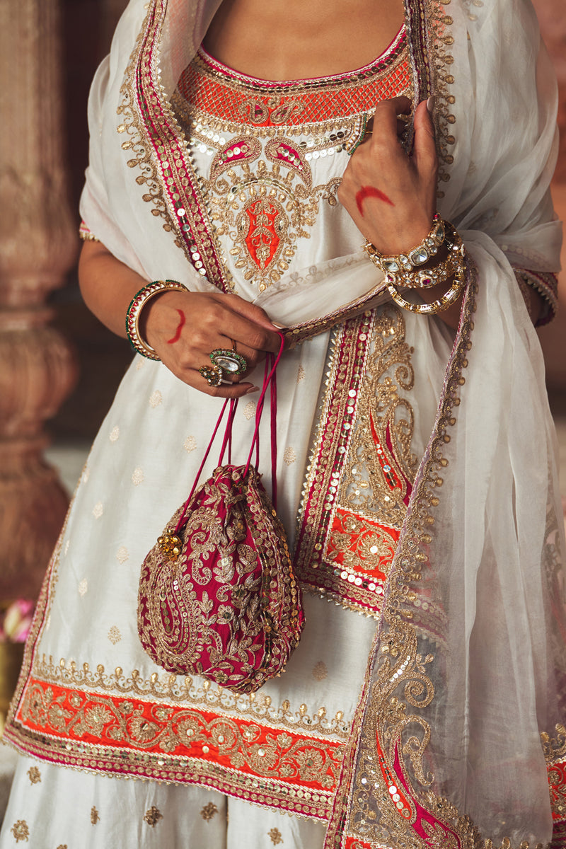 SAMREEN - DAISY IVORY SHORT KURTA WITH SHARARA AND DUPATTA silk chanderi kurta/kurta set by SHEETAL BATRA in ivory for women Worldwide