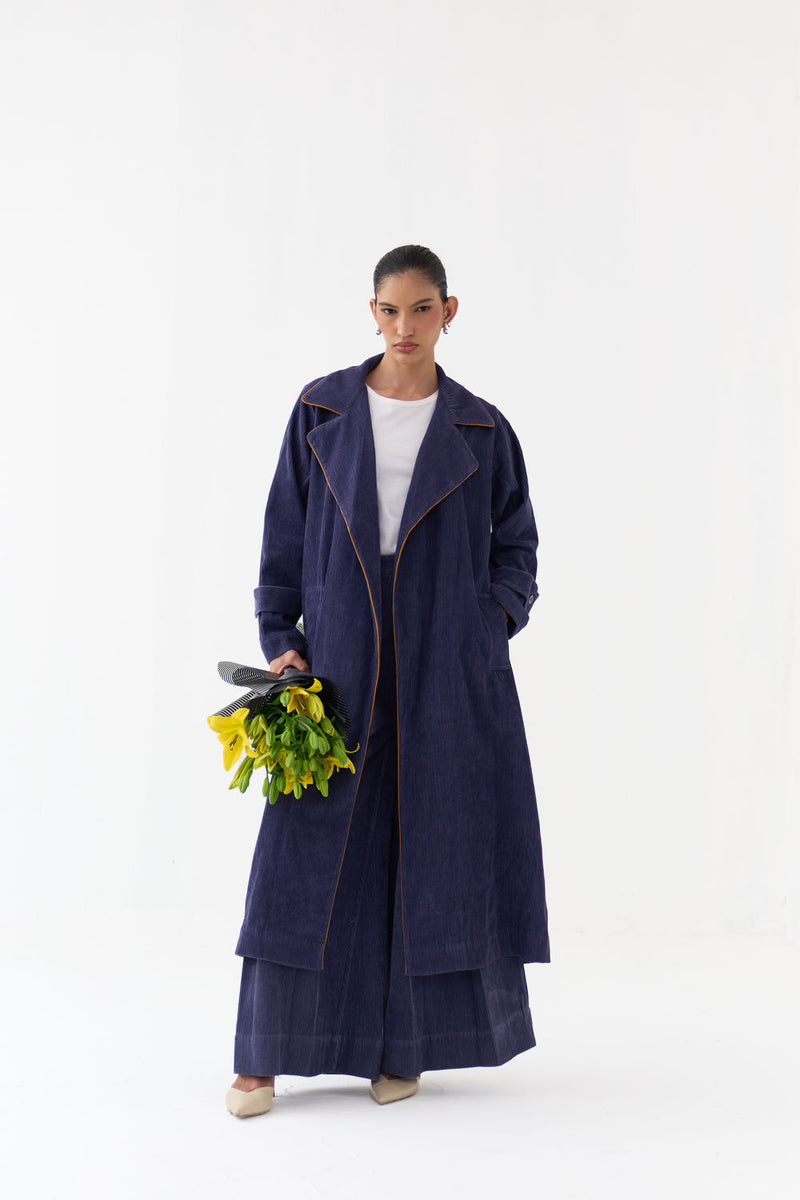 Emb. Patch Corduroy Trench Co-Ord (Set Of 2)-Violet corduroy co-ord set by THREE in violet for women Worldwide