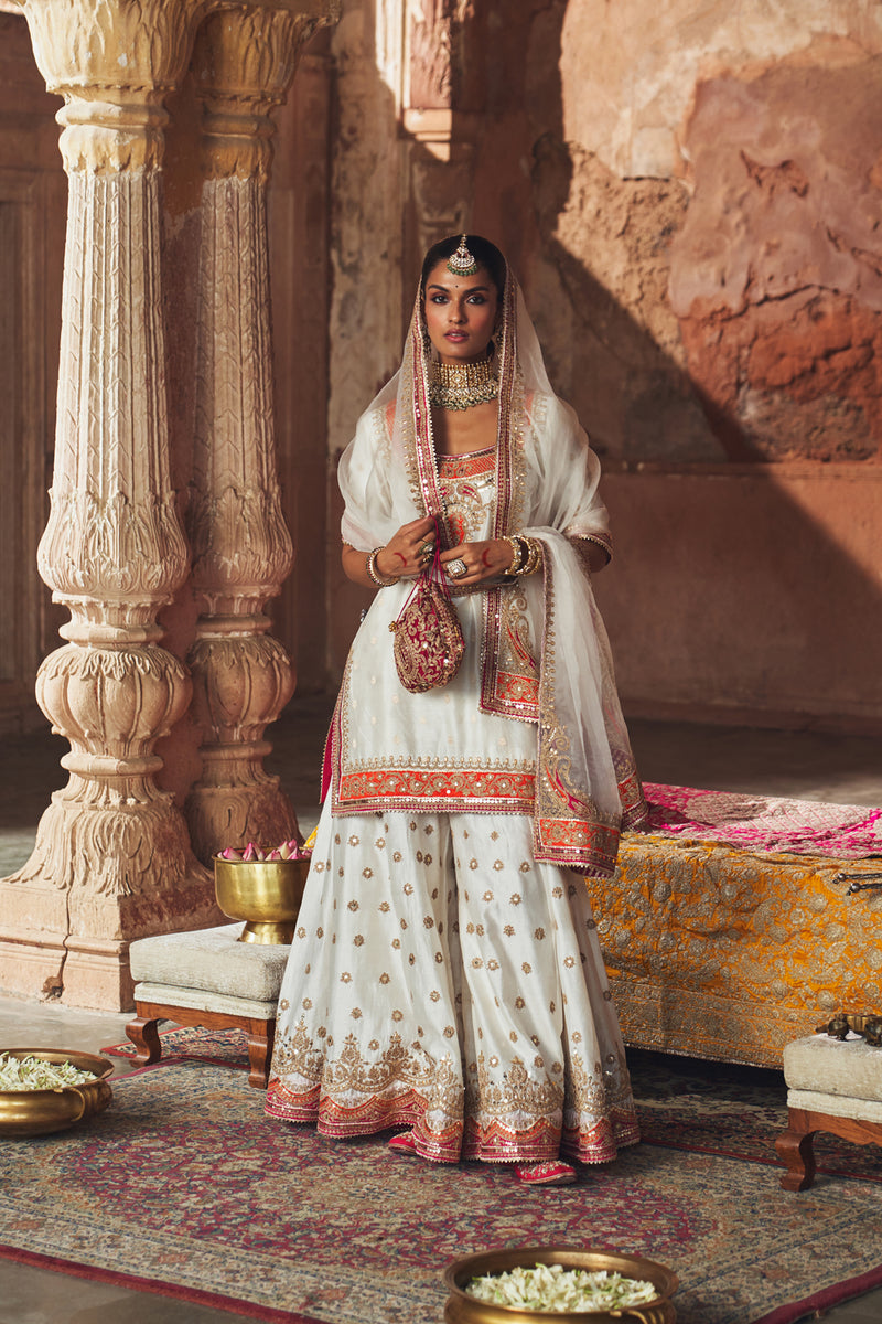 SAMREEN - DAISY IVORY SHORT KURTA WITH SHARARA AND DUPATTA silk chanderi kurta/kurta set by SHEETAL BATRA in ivory for women Worldwide