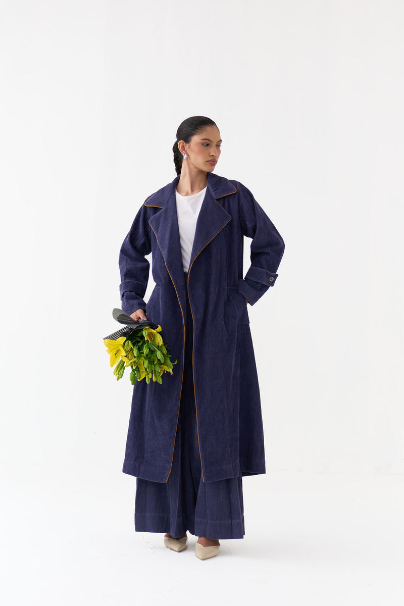 Emb. Patch Corduroy Trench Co-Ord (Set Of 2)-Violet corduroy co-ord set by THREE in violet for women Worldwide