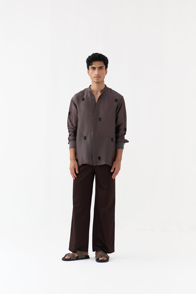 Hand Emb. Detail Band Collar Shirt tissue shirt by THREE Men in dark brown for men Worldwide