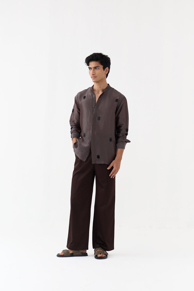 Hand Emb. Detail Band Collar Shirt tissue shirt by THREE Men in dark brown for men Worldwide