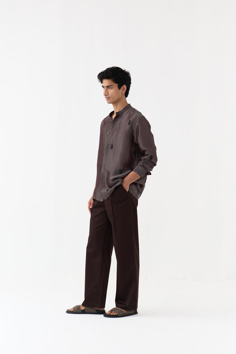 Hand Emb. Detail Band Collar Shirt tissue shirt by THREE Men in dark brown for men Worldwide