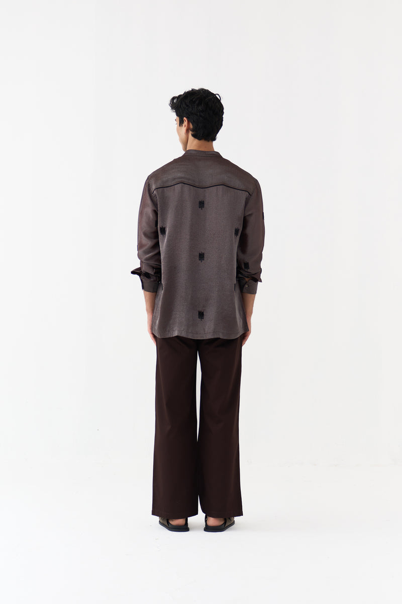 Hand Emb. Detail Band Collar Shirt tissue shirt by THREE Men in dark brown for men Worldwide