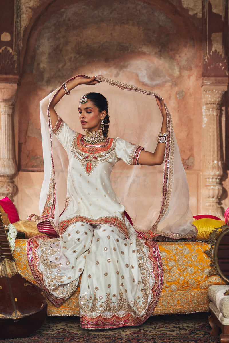 SAMREEN - DAISY IVORY SHORT KURTA WITH SHARARA AND DUPATTA silk chanderi kurta/kurta set by SHEETAL BATRA in ivory for women Worldwide