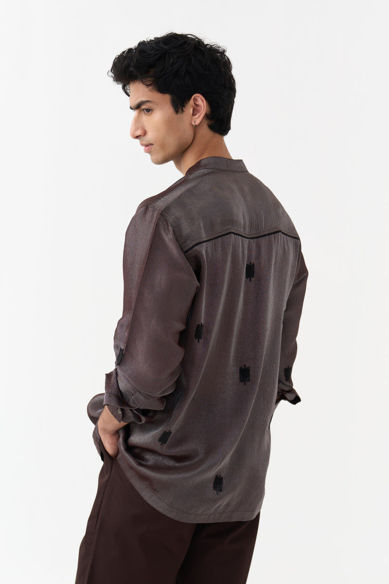 Hand Emb. Detail Band Collar Shirt tissue shirt by THREE Men in dark brown for men Worldwide