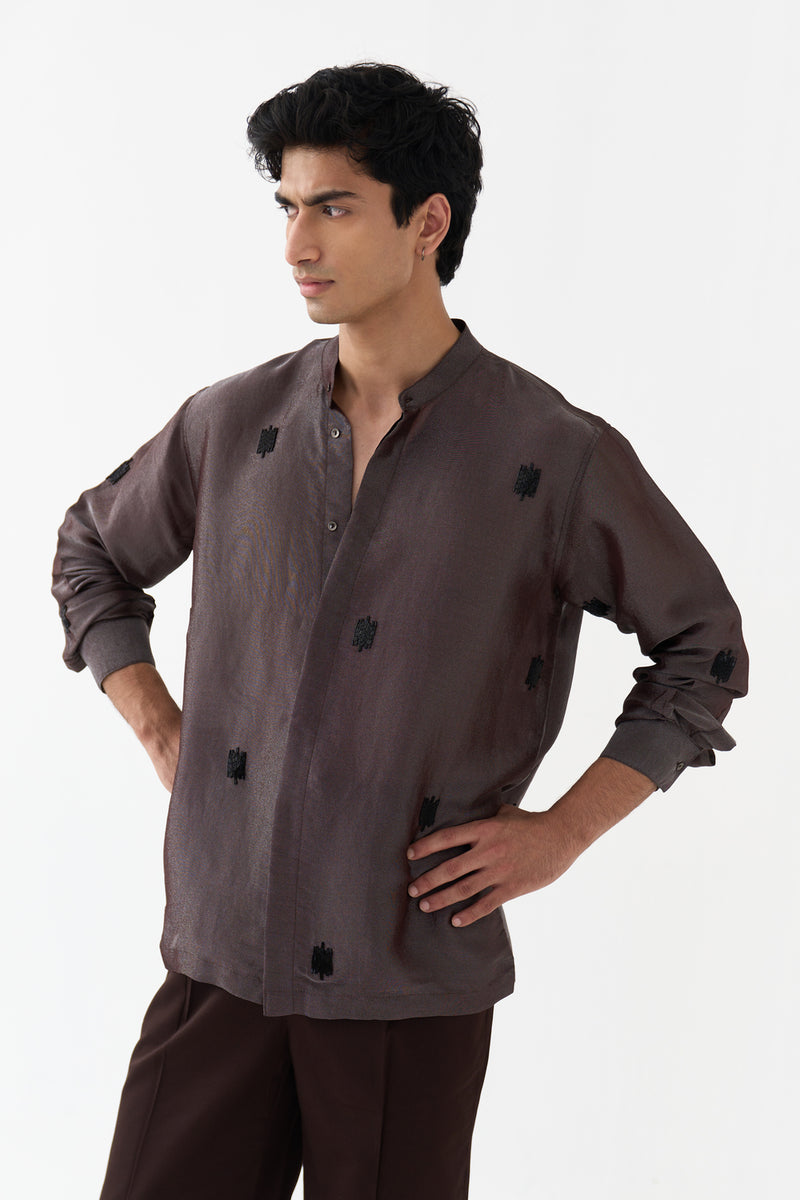 Hand Emb. Detail Band Collar Shirt tissue shirt by THREE Men in dark brown for men Worldwide