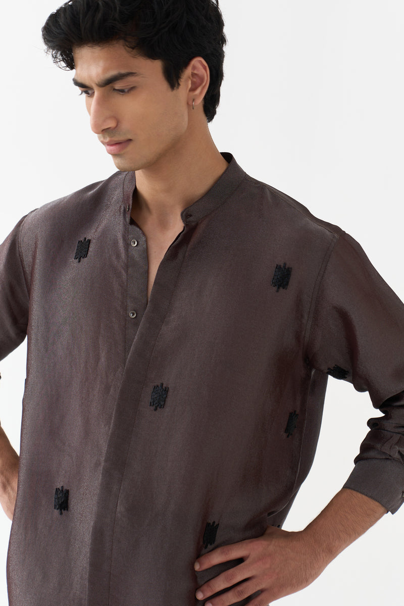 Hand Emb. Detail Band Collar Shirt tissue shirt by THREE Men in dark brown for men Worldwide