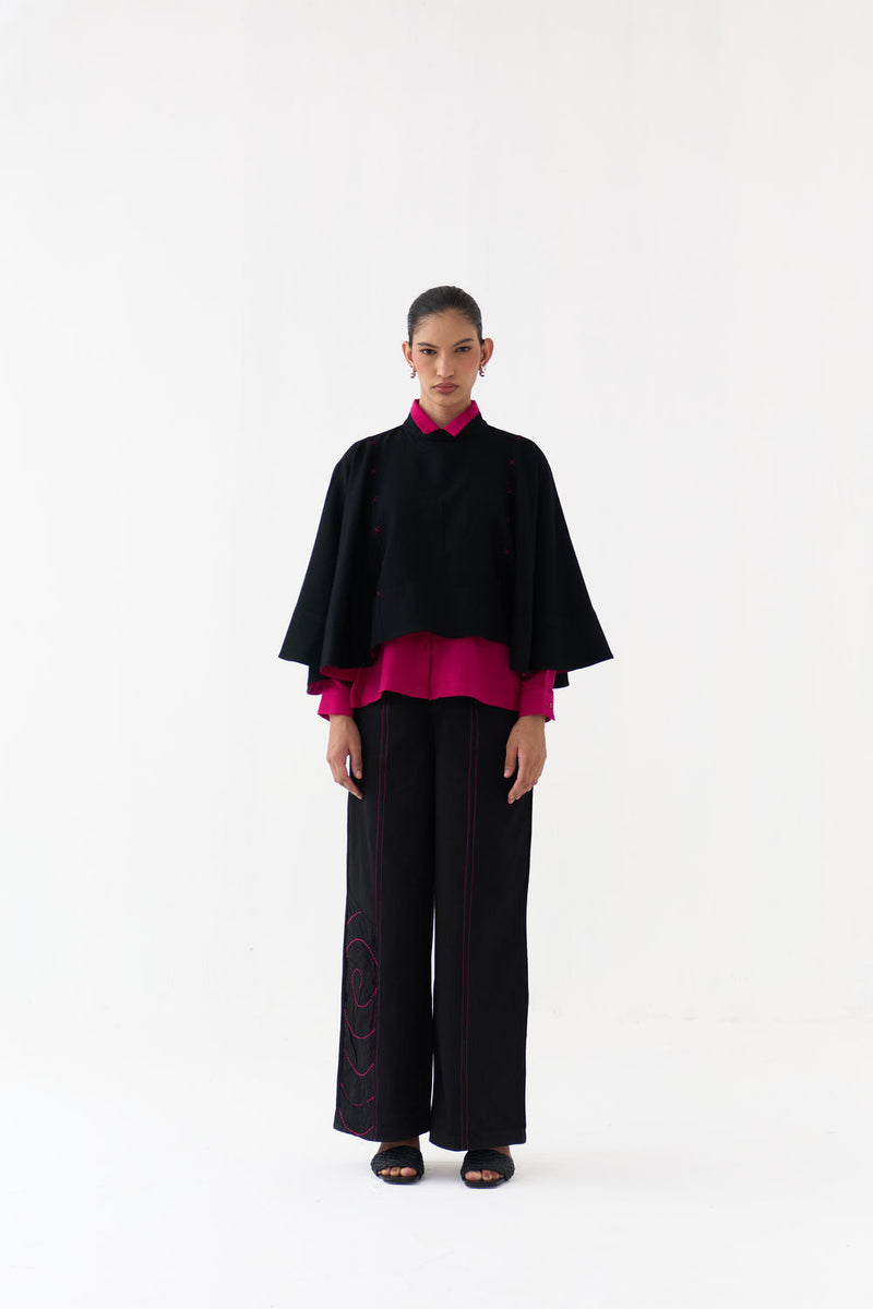 Woollen Poncho Co-Ord (Set Of 3)-Black/Fuchsia wool/twill co-ord set by THREE in fuchsia, black for women Worldwide