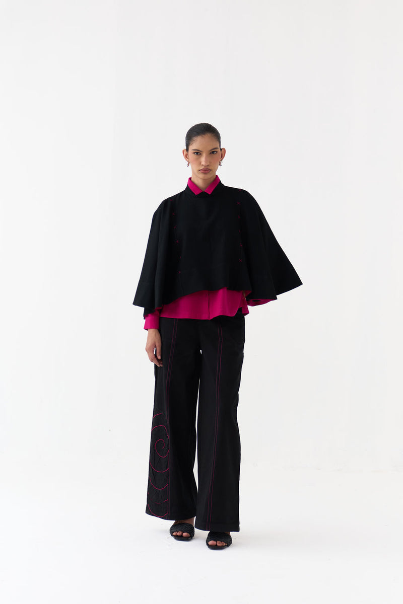 Woollen Poncho Co-Ord (Set Of 3)-Black/Fuchsia wool/twill co-ord set by THREE in fuchsia, black for women Worldwide
