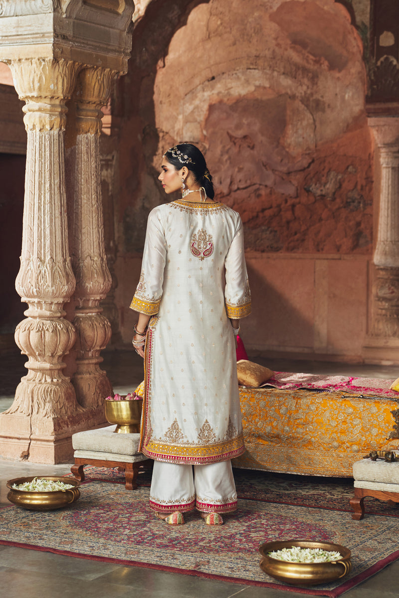 SUMAIRA - DAISY IVORY LONG KURTA WITH PALAZZO AND DUPATTA silk chanderi kurta/kurta set by SHEETAL BATRA in ivory for women Worldwide