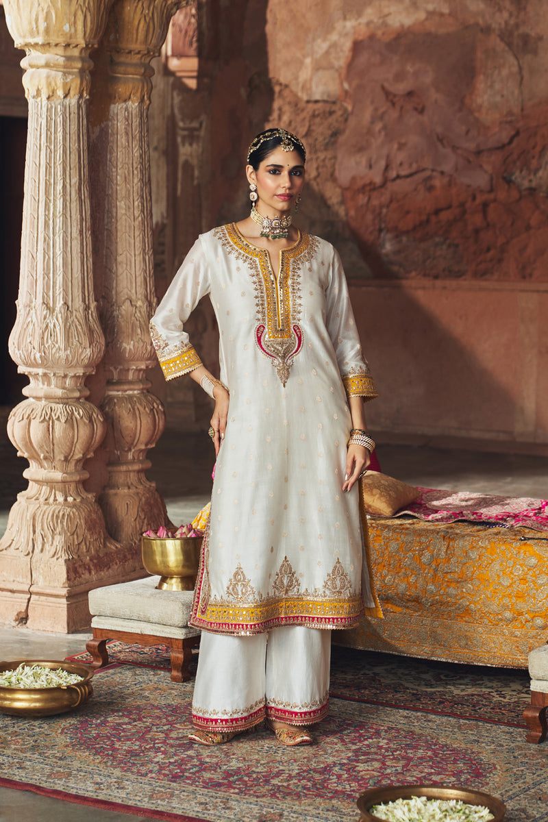SUMAIRA - DAISY IVORY LONG KURTA WITH PALAZZO AND DUPATTA silk chanderi kurta/kurta set by SHEETAL BATRA in ivory for women Worldwide
