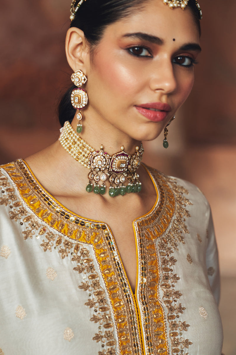 SUMAIRA - DAISY IVORY LONG KURTA WITH PALAZZO AND DUPATTA silk chanderi kurta/kurta set by SHEETAL BATRA in ivory for women Worldwide