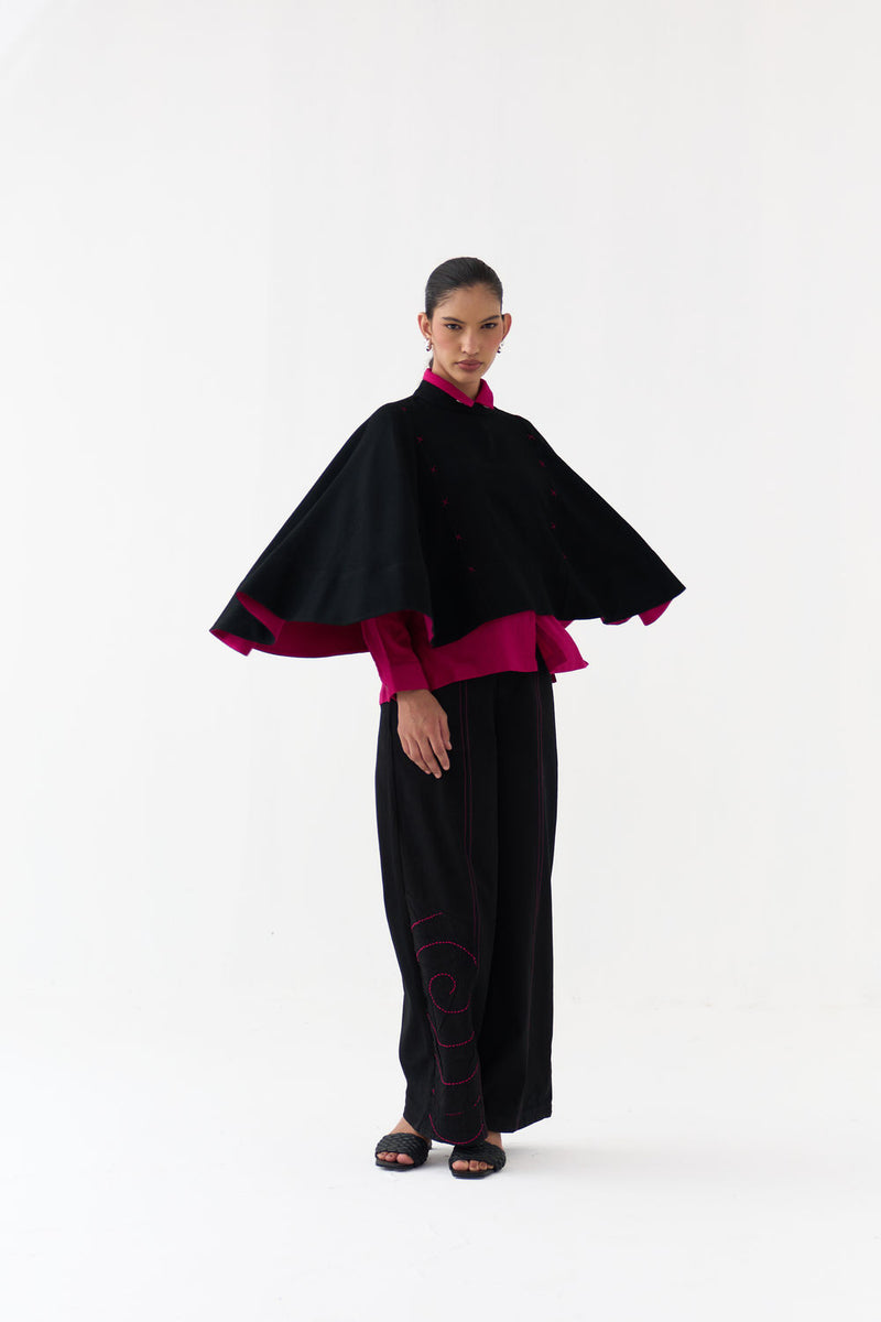 Woollen Poncho Co-Ord (Set Of 3)-Black/Fuchsia wool/twill co-ord set by THREE in fuchsia, black for women Worldwide