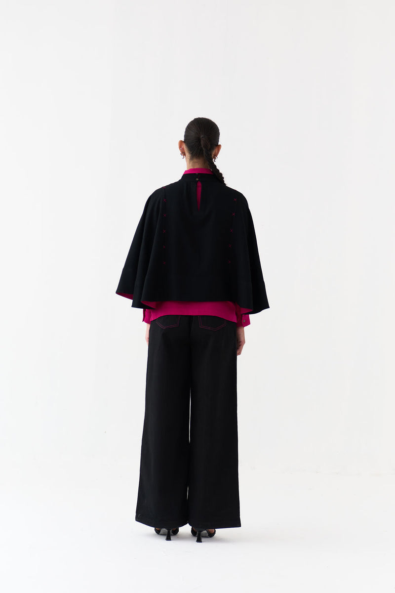 Woollen Poncho Co-Ord (Set Of 3)-Black/Fuchsia wool/twill co-ord set by THREE in fuchsia, black for women Worldwide