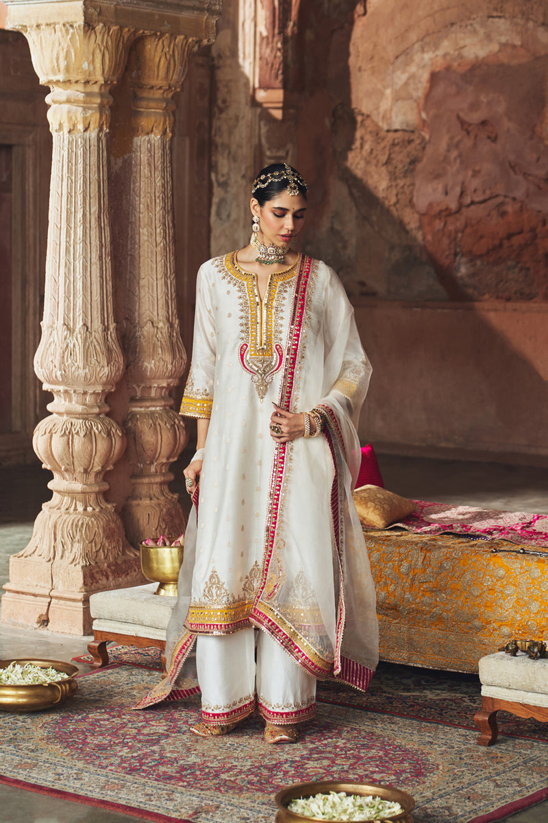SUMAIRA - DAISY IVORY LONG KURTA WITH PALAZZO AND DUPATTA silk chanderi kurta/kurta set by SHEETAL BATRA in ivory for women Worldwide