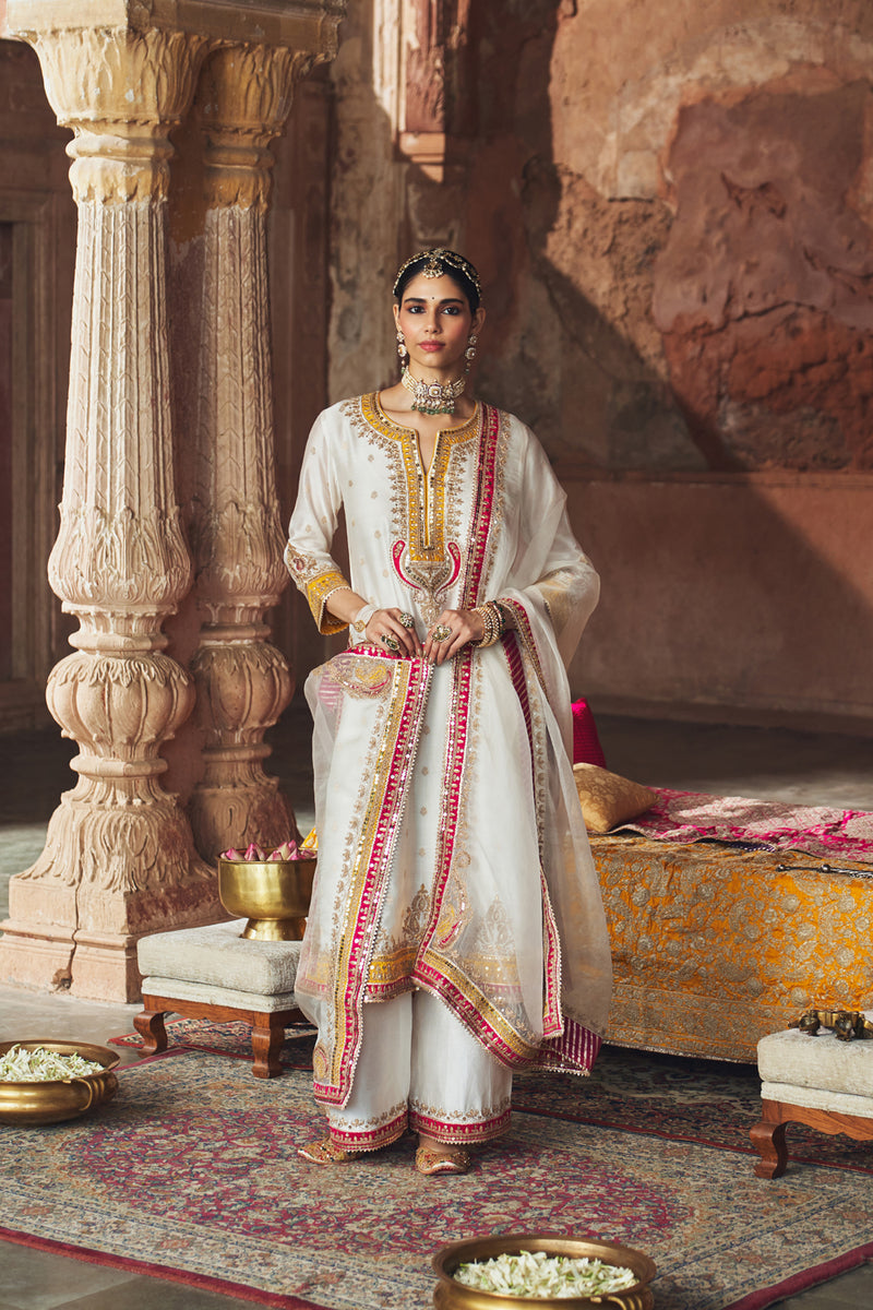 SUMAIRA - DAISY IVORY LONG KURTA WITH PALAZZO AND DUPATTA silk chanderi kurta/kurta set by SHEETAL BATRA in ivory for women Worldwide
