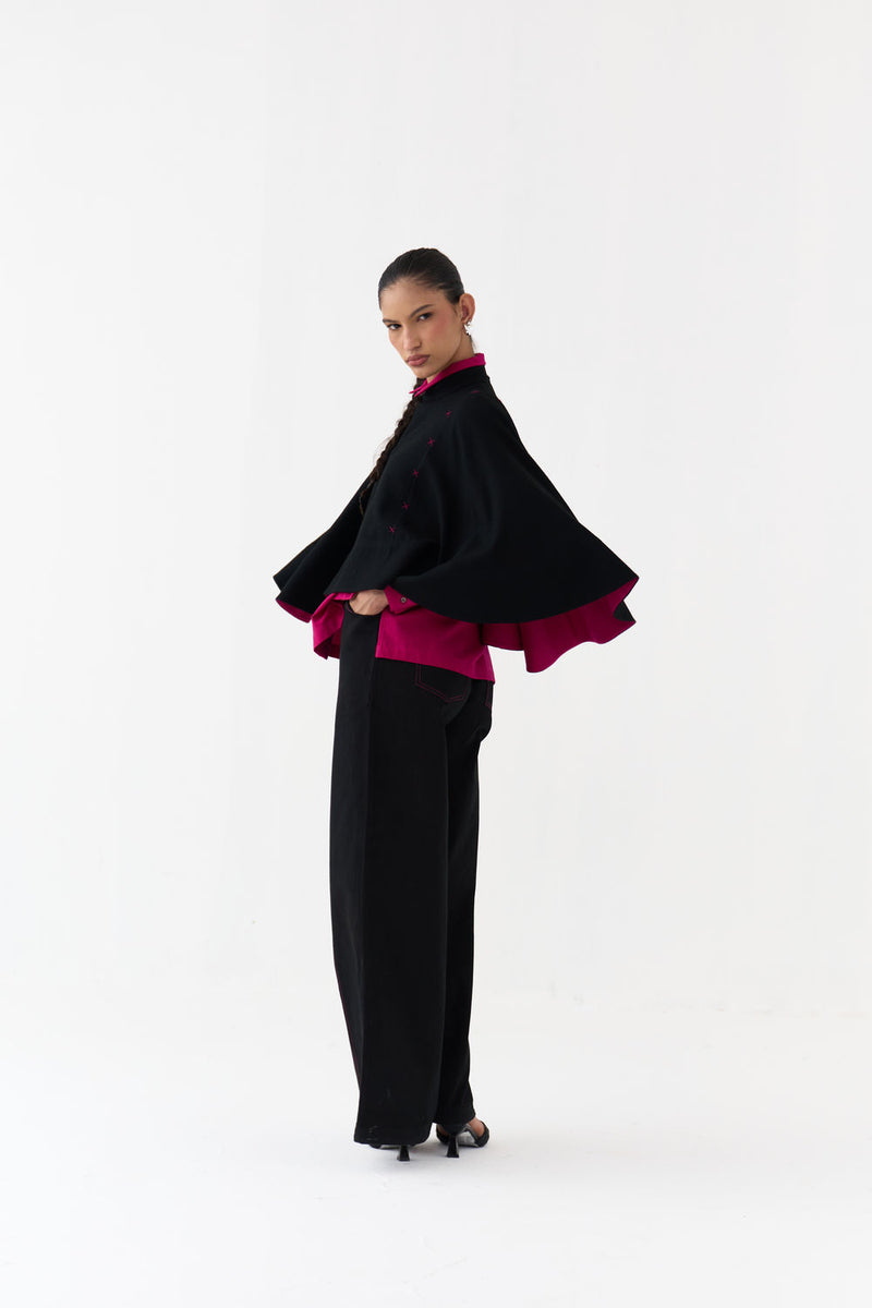 Woollen Poncho Co-Ord (Set Of 3)-Black/Fuchsia wool/twill co-ord set by THREE in fuchsia, black for women Worldwide