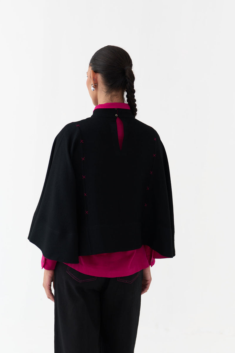 Woollen Poncho (Including Shirt)-Black/Fuchsia wool/twill jacket/overlay by THREE in black/fuchsia for women Worldwide