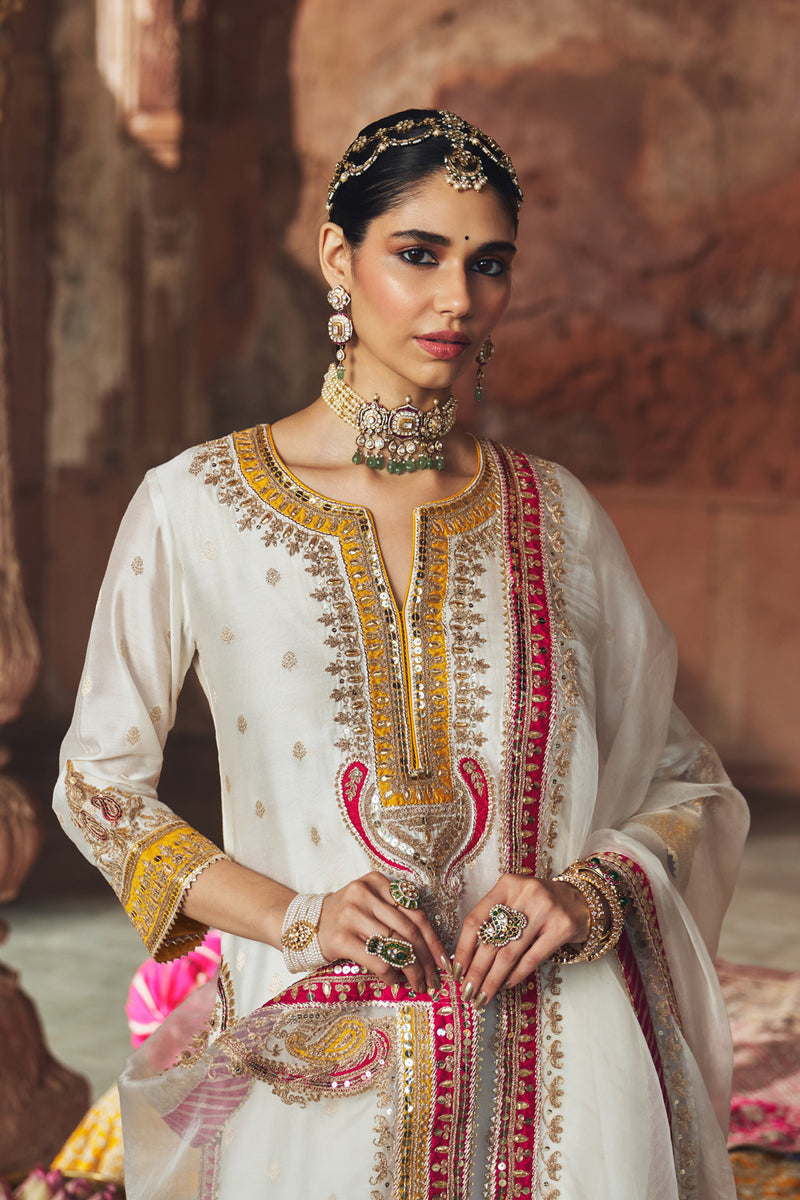 SUMAIRA - DAISY IVORY LONG KURTA WITH PALAZZO AND DUPATTA silk chanderi kurta/kurta set by SHEETAL BATRA in ivory for women Worldwide