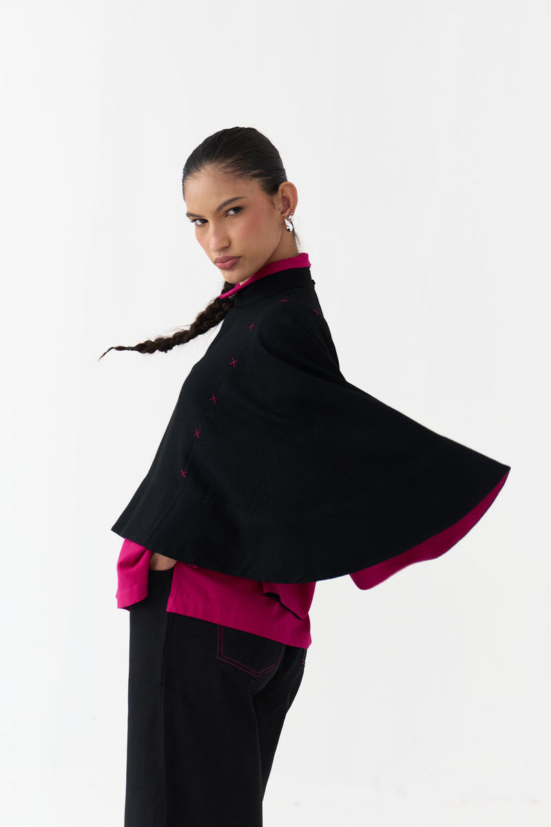 Woollen Poncho (Including Shirt)-Black/Fuchsia wool/twill jacket/overlay by THREE in black/fuchsia for women Worldwide