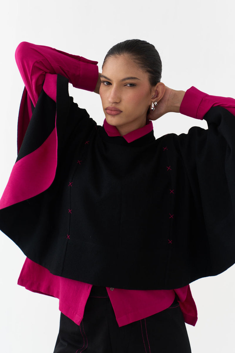 Woollen Poncho Co-Ord (Set Of 3)-Black/Fuchsia wool/twill co-ord set by THREE in fuchsia, black for women Worldwide