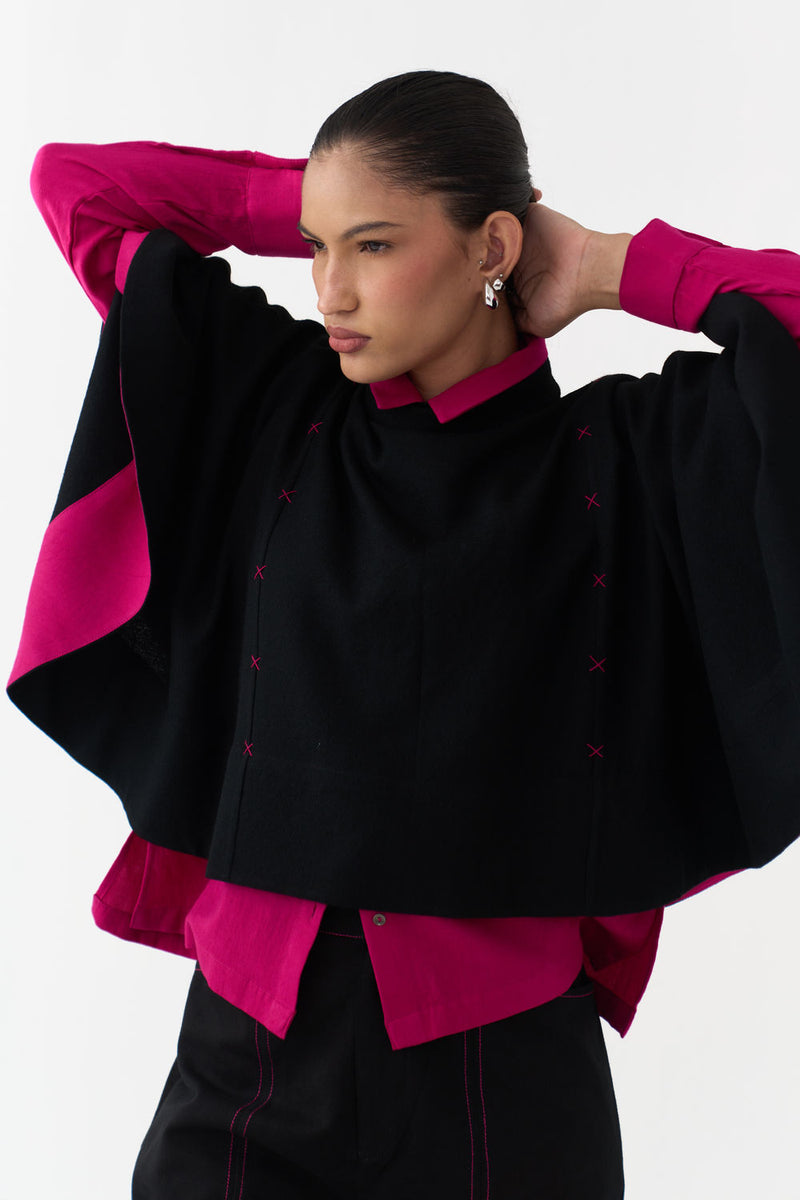 Woollen Poncho (Including Shirt)-Black/Fuchsia wool/twill jacket/overlay by THREE in black/fuchsia for women Worldwide