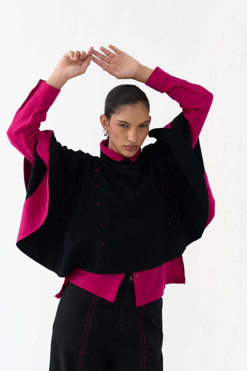 Woollen Poncho (Including Shirt)-Black/Fuchsia wool/twill jacket/overlay by THREE in black/fuchsia for women Worldwide