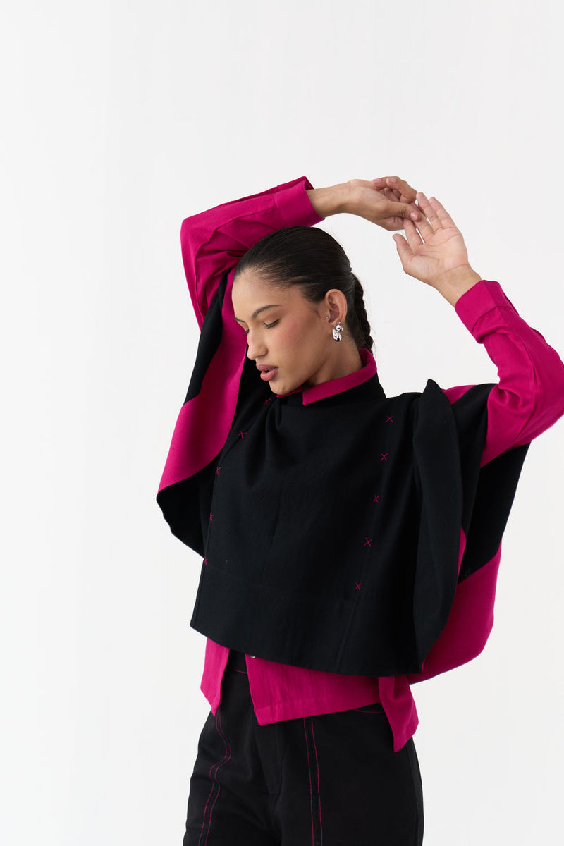 Woollen Poncho (Including Shirt)-Black/Fuchsia wool/twill jacket/overlay by THREE in black/fuchsia for women Worldwide