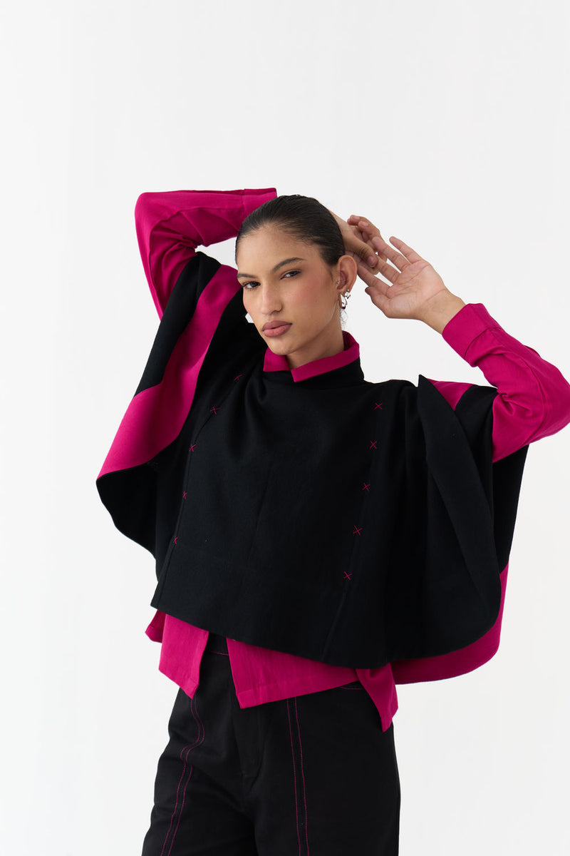 Woollen Poncho (Including Shirt)-Black/Fuchsia wool/twill jacket/overlay by THREE in black/fuchsia for women Worldwide