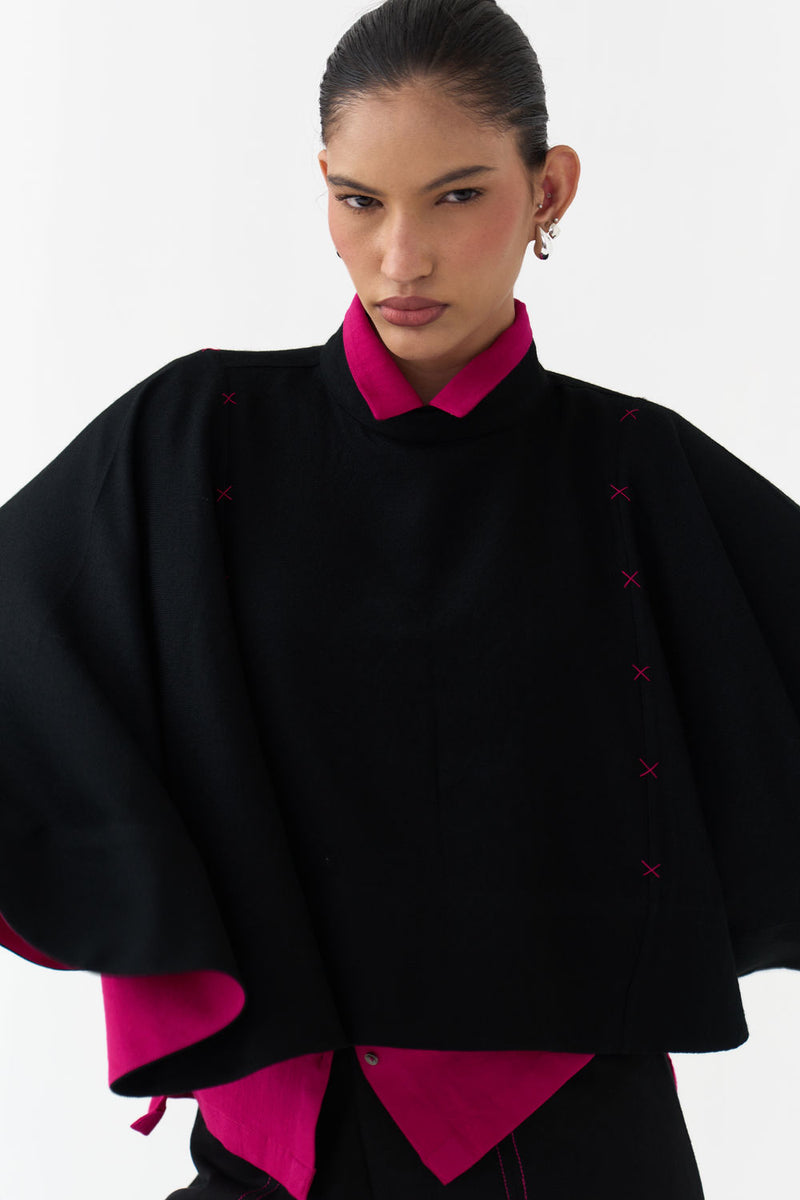 Woollen Poncho (Including Shirt)-Black/Fuchsia wool/twill jacket/overlay by THREE in black/fuchsia for women Worldwide