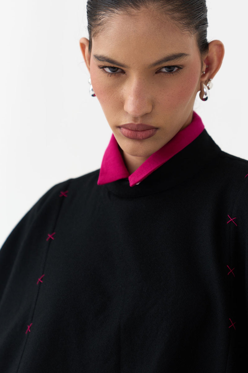 Woollen Poncho (Including Shirt)-Black/Fuchsia wool/twill jacket/overlay by THREE in black/fuchsia for women Worldwide