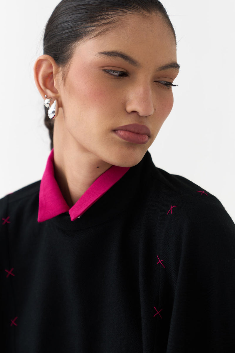 Woollen Poncho (Including Shirt)-Black/Fuchsia wool/twill jacket/overlay by THREE in black/fuchsia for women Worldwide