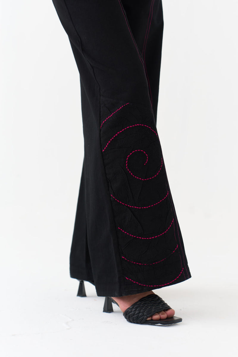 Ripple Emb. Bottom-Black denim pant/trouser by THREE in black for women Worldwide