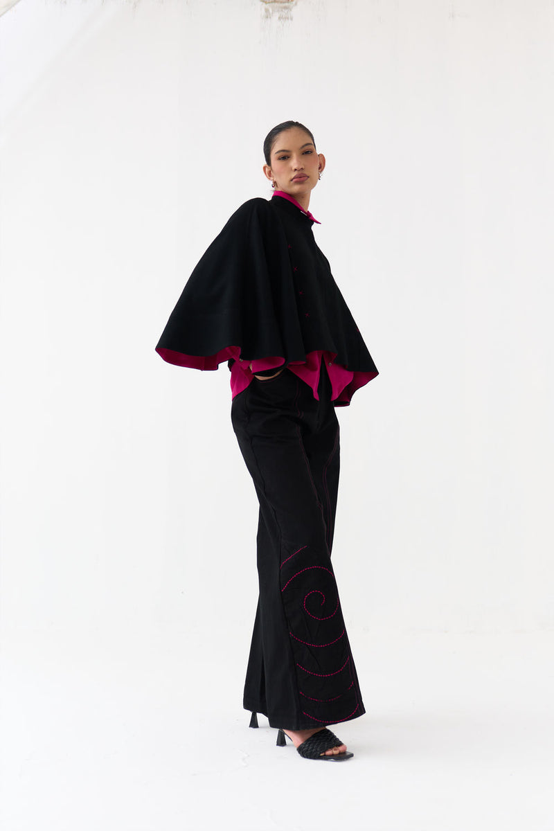 Ripple Emb. Bottom-Black denim pant/trouser by THREE in black for women Worldwide