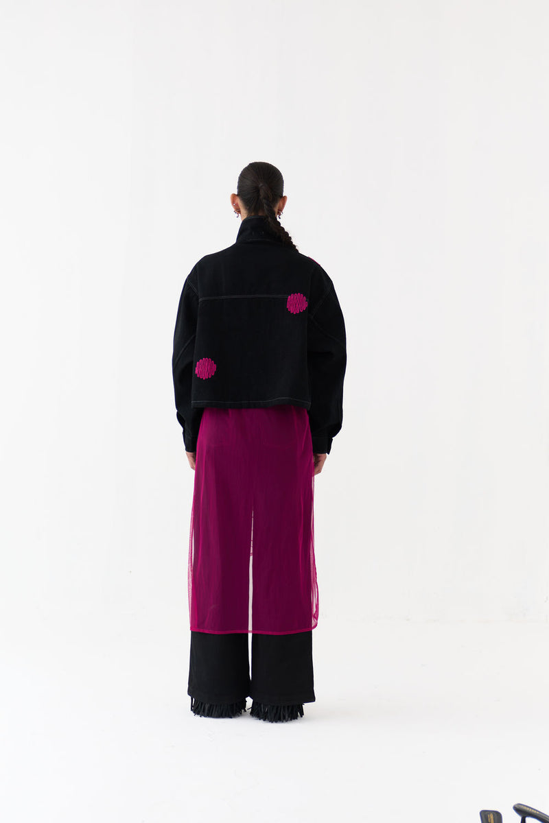 Polka Denim Bomber Co-Ord (Set Of 3)-Black denim hard cotton twill co-ord set by THREE in black,black for women Worldwide