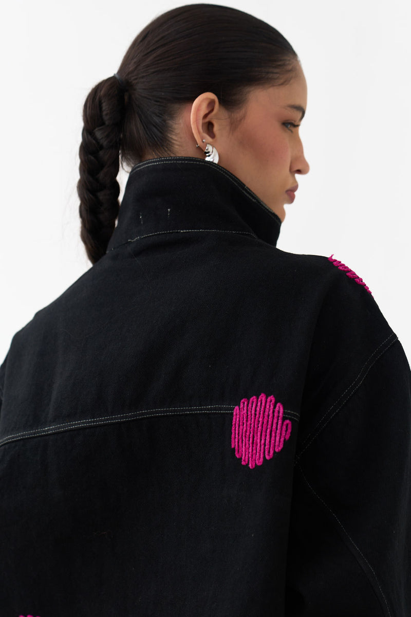Polka Denim Bomber-Black denim jacket/overlay by THREE in black for women Worldwide