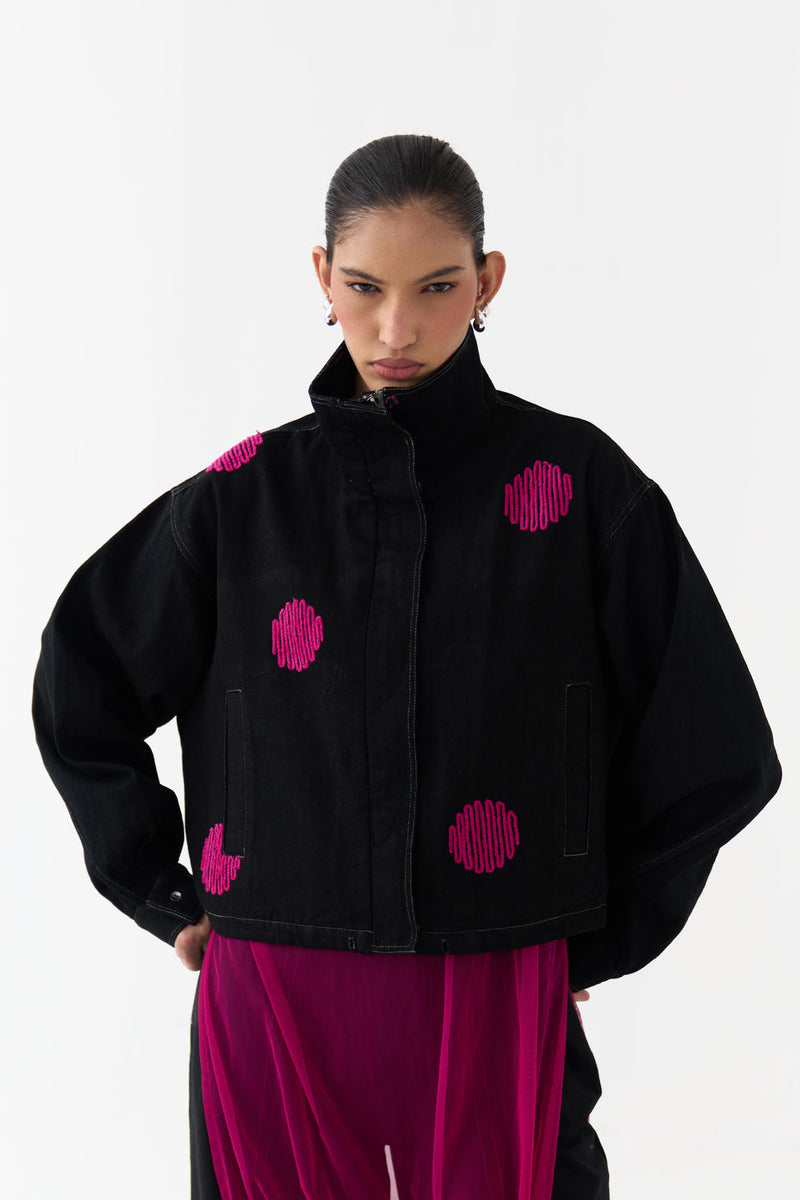 Polka Denim Bomber-Black denim jacket/overlay by THREE in black for women Worldwide