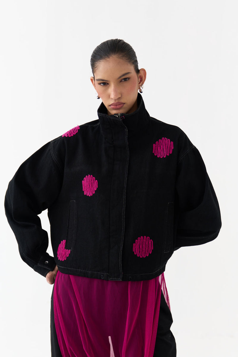 Polka Denim Bomber-Black denim jacket/overlay by THREE in black for women Worldwide