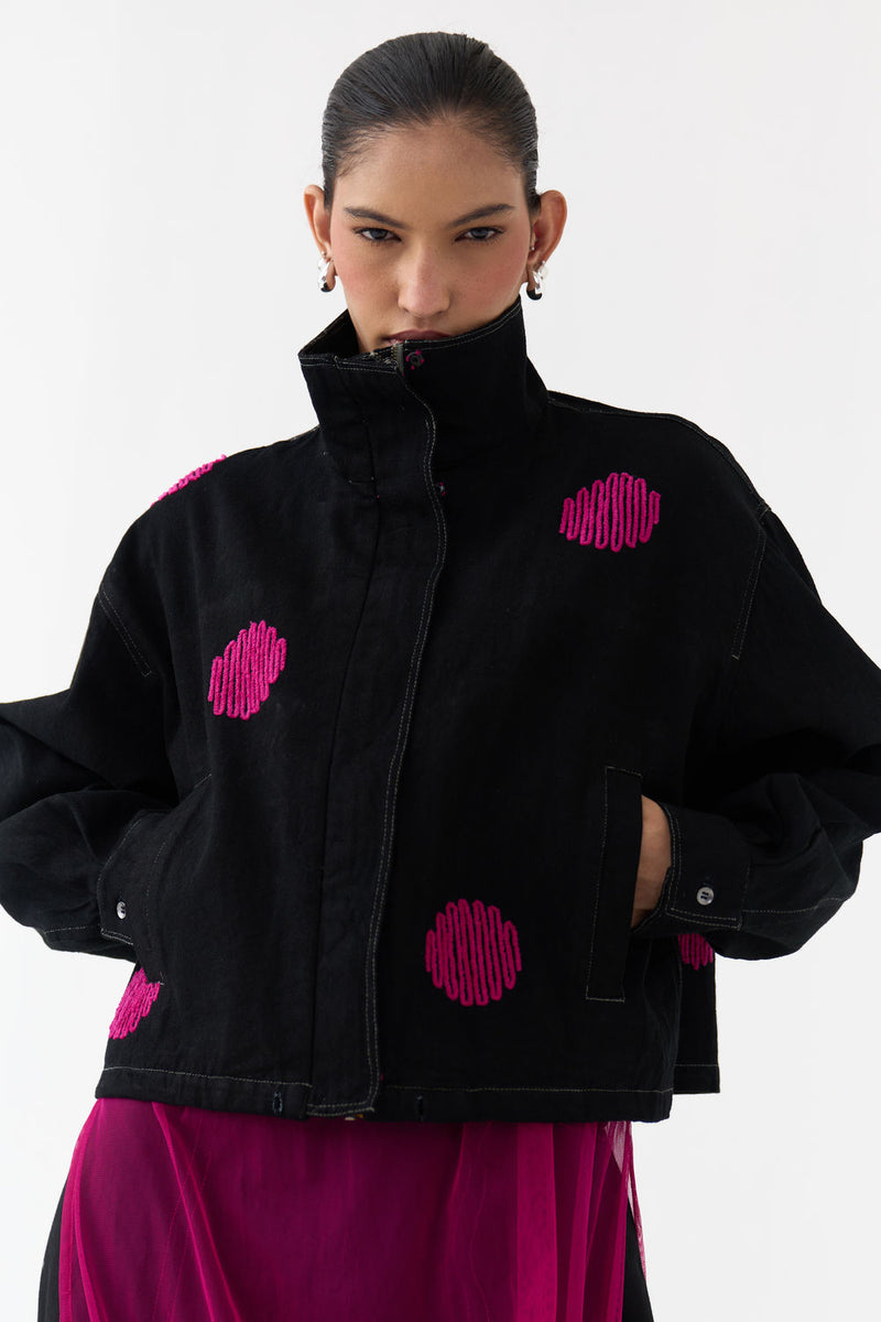 Polka Denim Bomber-Black denim jacket/overlay by THREE in black for women Worldwide