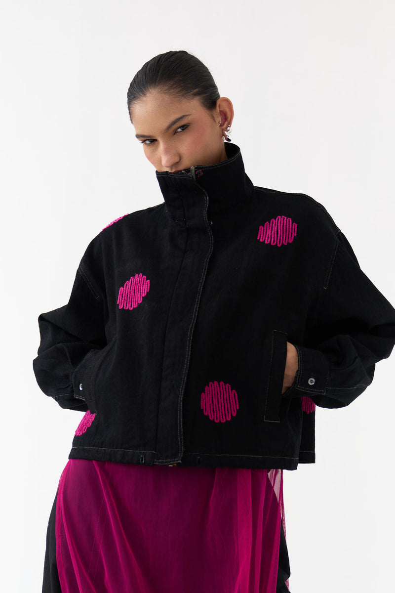 Polka Denim Bomber-Black denim jacket/overlay by THREE in black for women Worldwide