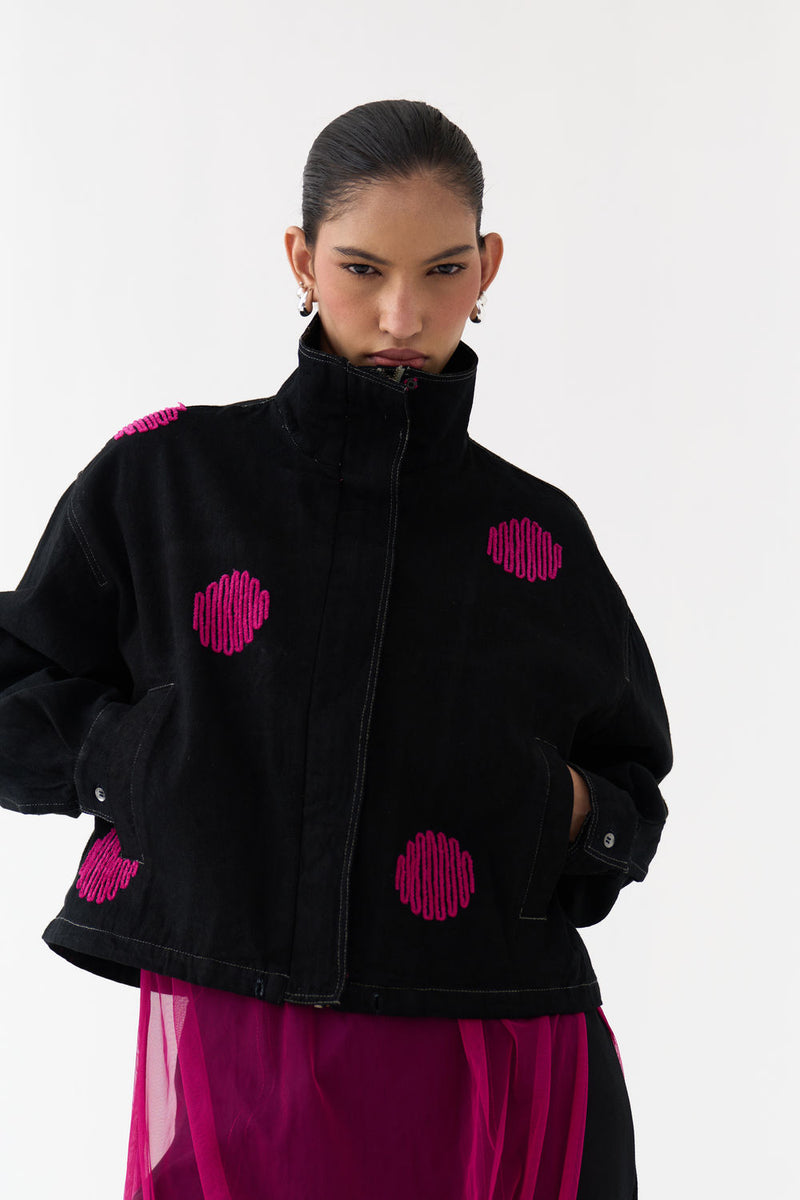 Polka Denim Bomber-Black denim jacket/overlay by THREE in black for women Worldwide