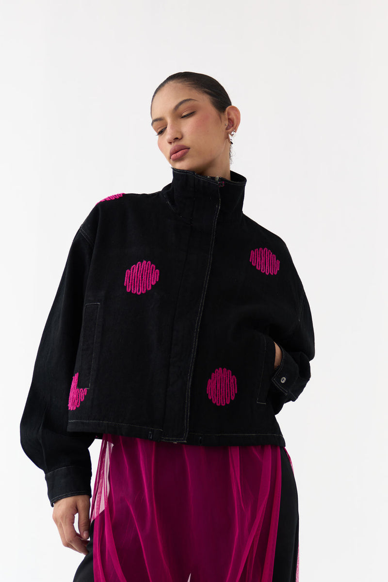 Polka Denim Bomber-Black denim jacket/overlay by THREE in black for women Worldwide
