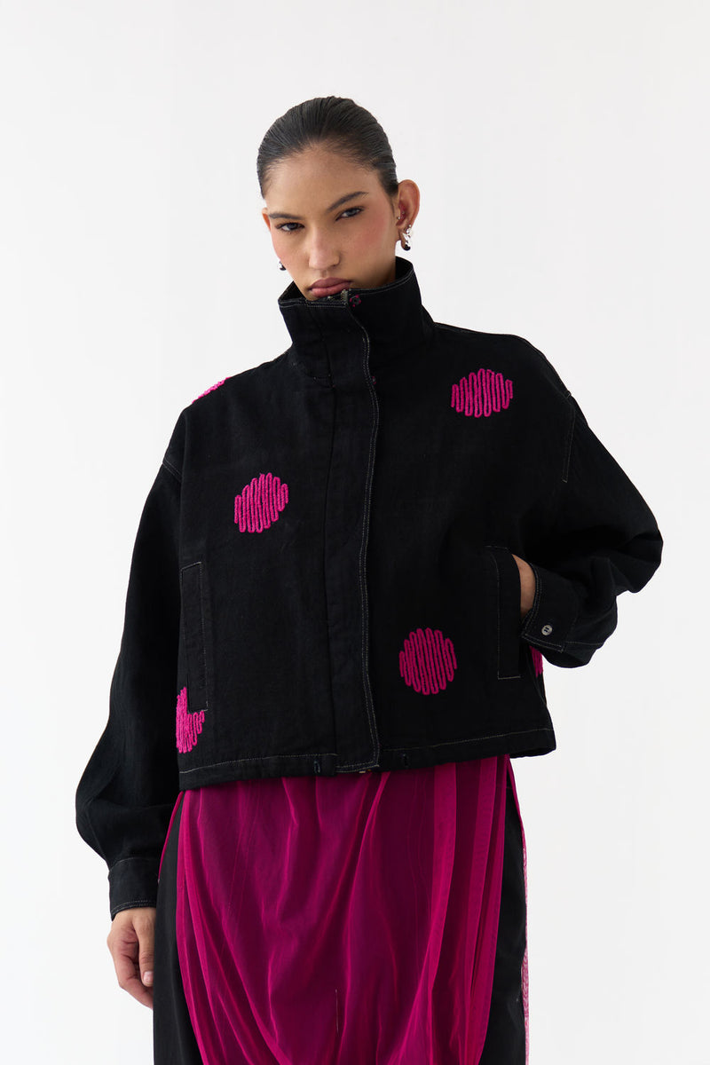 Polka Denim Bomber-Black denim jacket/overlay by THREE in black for women Worldwide